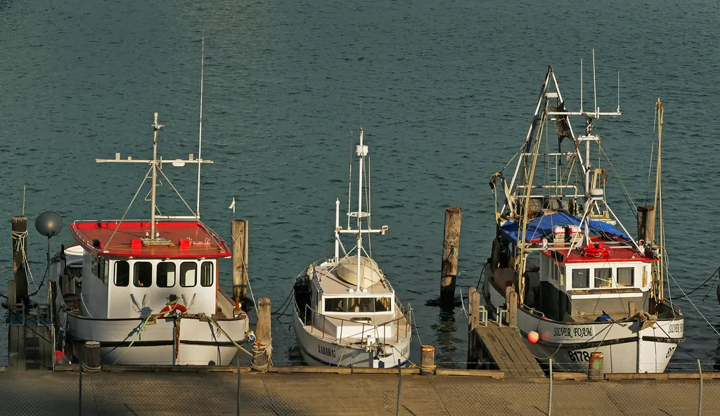 Small fishing boats moored side by side at a harbour quay in evening light